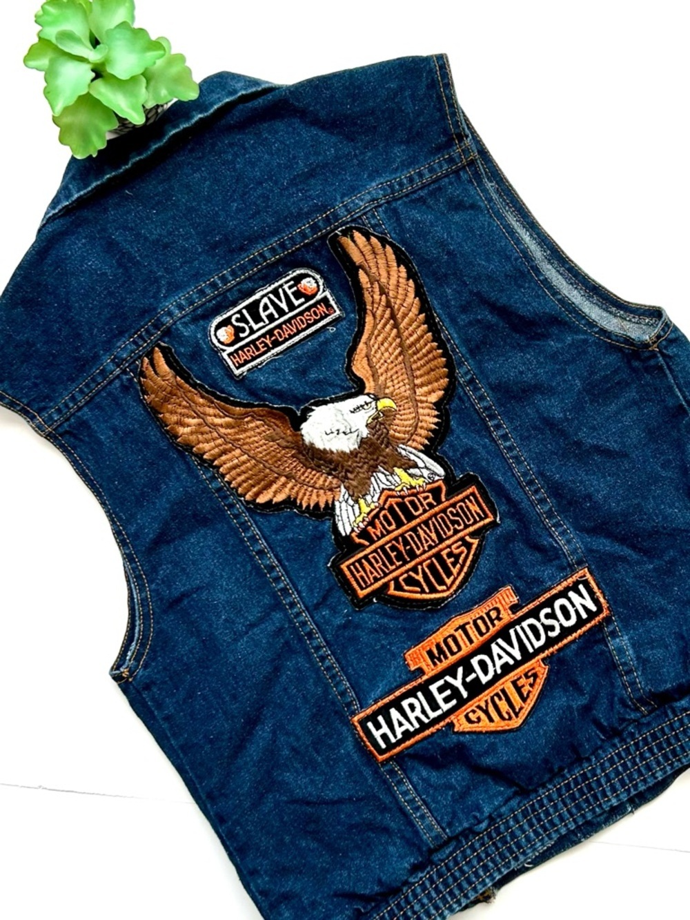 Vintage 90s Harley Davidson Denim Vest Boot Hill Saloon Electra Glide Eagle S - Picture 2 of 14